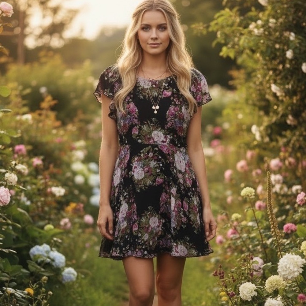 LoveShackFancy Garner Mini Dress Midnight Muse Floral Flutter Sleeve Size 6 NEW